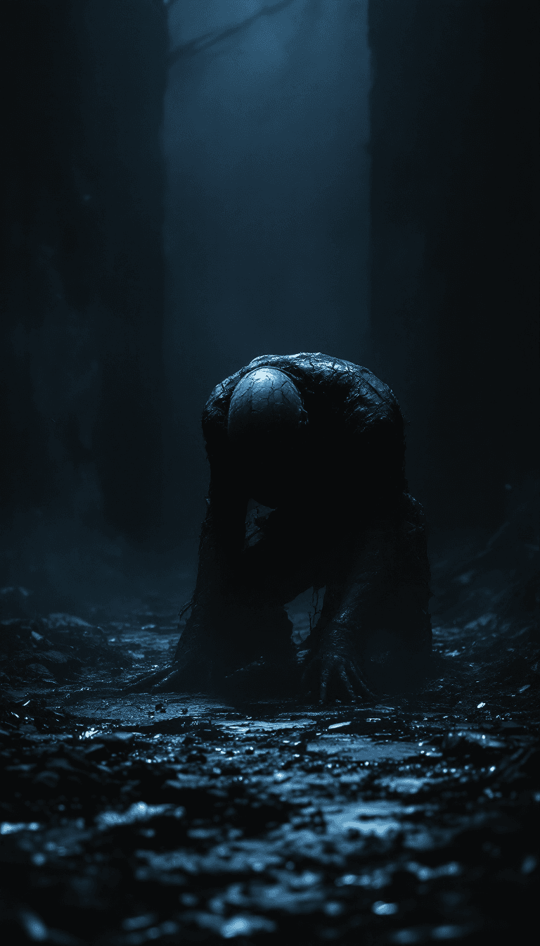 AI generated: alone in the darkness, broken, kneeling and looking down, full body, no face, (psychopathic:0.8) , b...