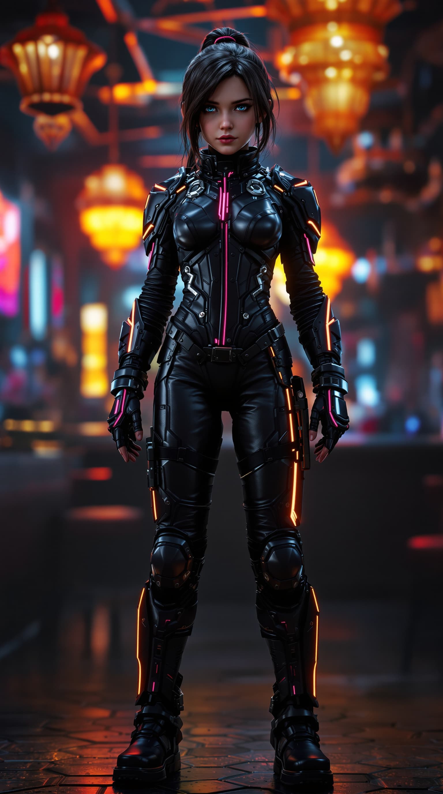 AI generated: hyper-realistic depiction of a twelve year old Evie Templeton dressed in a leather body suit lightly...