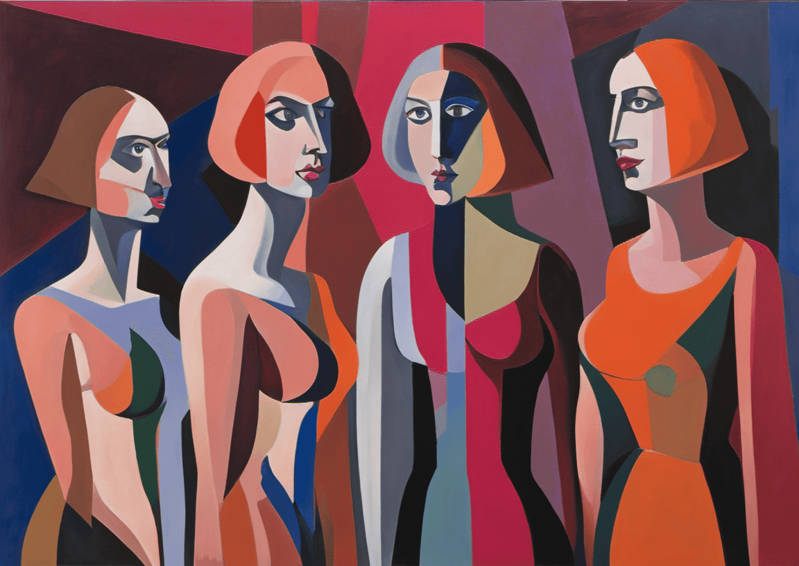AI generated: a painting of three women in the foreground, composition, neo-primitivism, a cubist painting, by Guy...