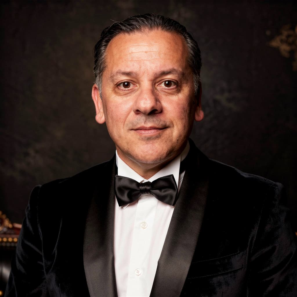 AI generated: Portrait of a 53-year-old Spanish man, skin and hair style as in reference photo, wearing a black ve...