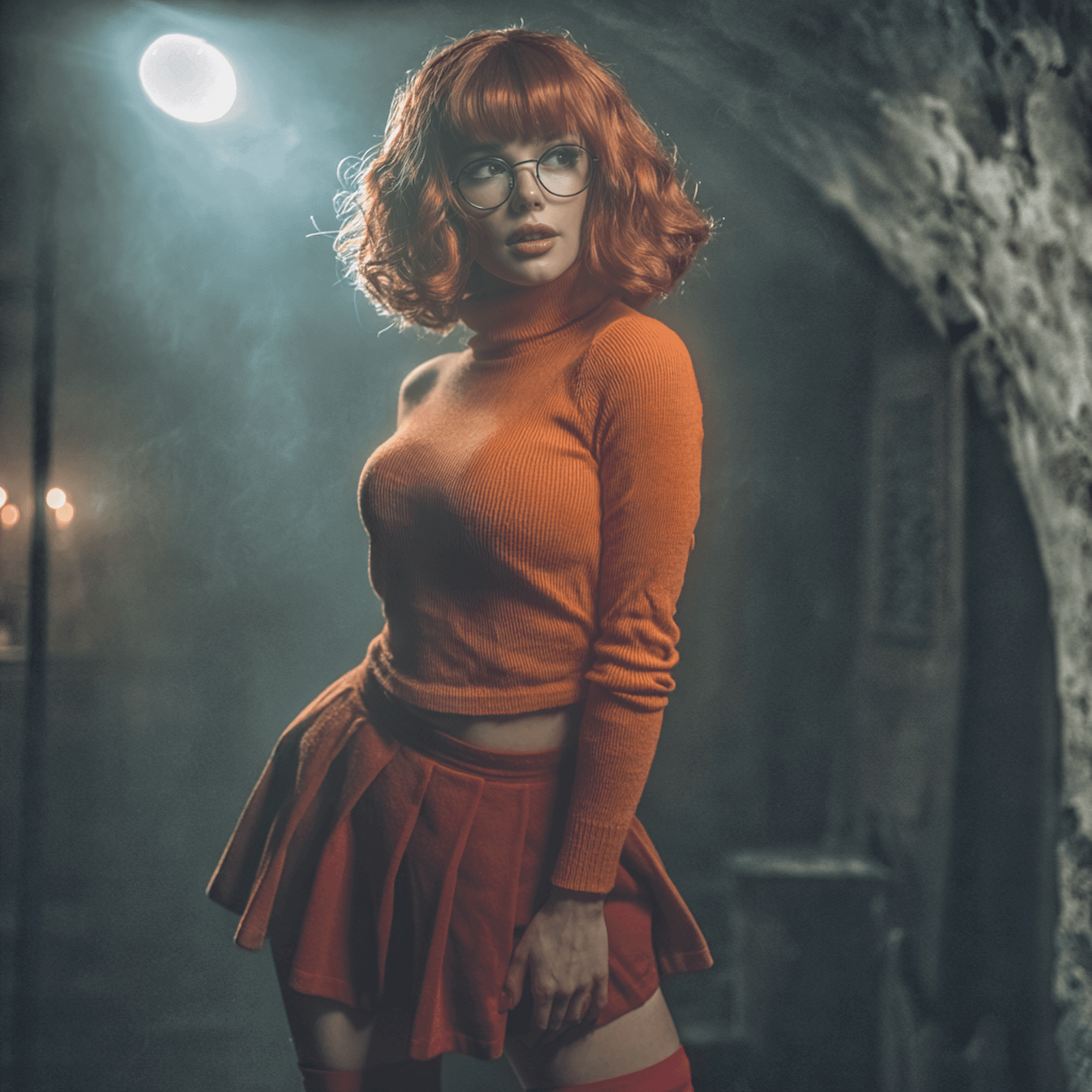 AI generated:  Ultra-realistic portrait of Velma Dinkley from Scooby-Doo, reimagined as a real-life young woman in...