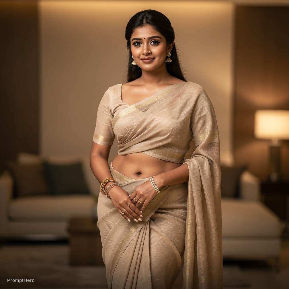 AI generated: A hot desi aunty in transparent saree showing navel with big waist 
