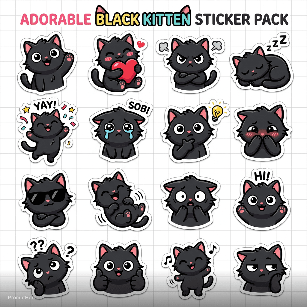 AI generated: Adorable black kitten stickers in the style of WhatsApp.