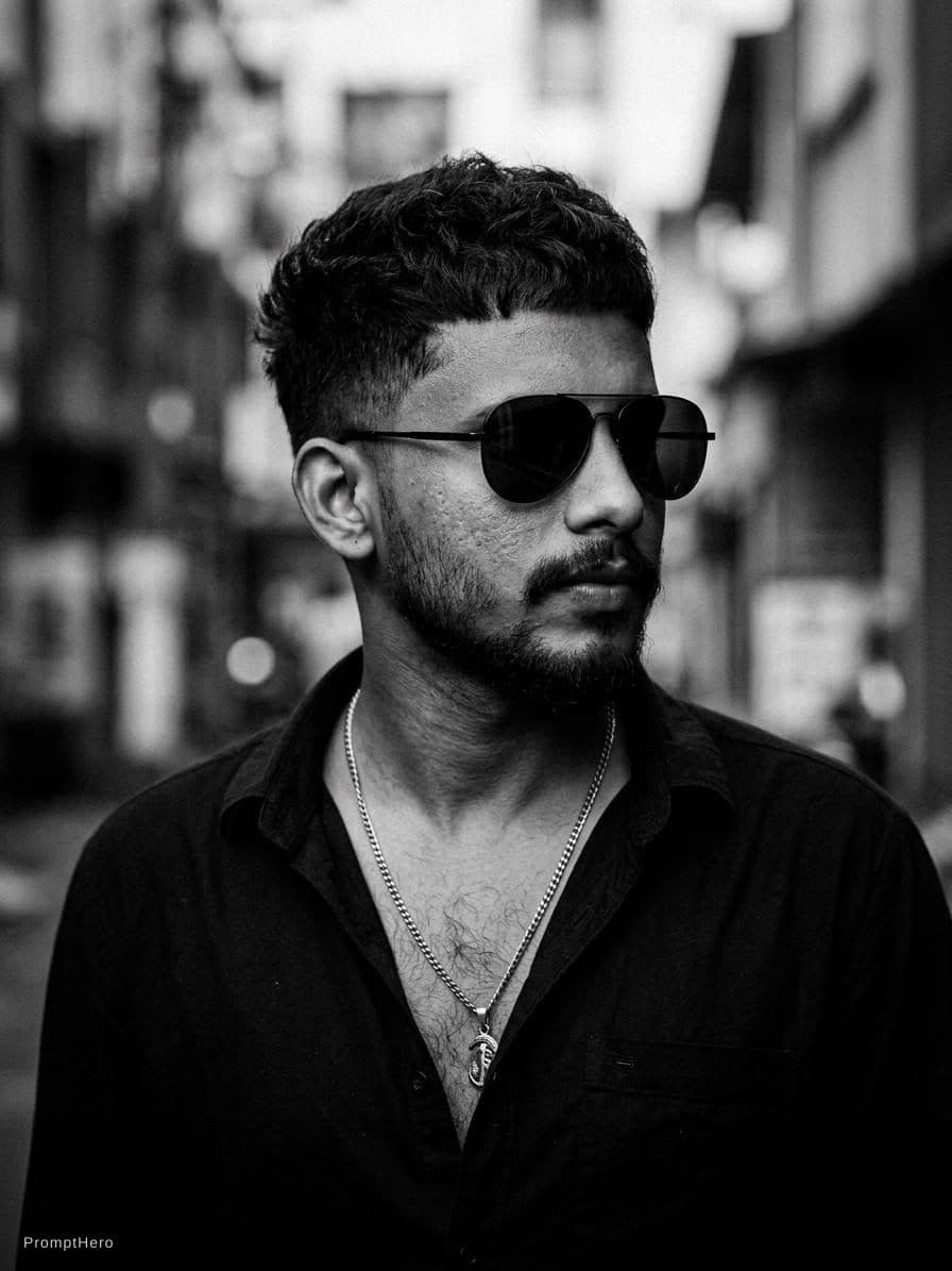 AI generated: Ultra-realistic cinematic black-and-white portrait of a stylish young man with textured messy crop h...