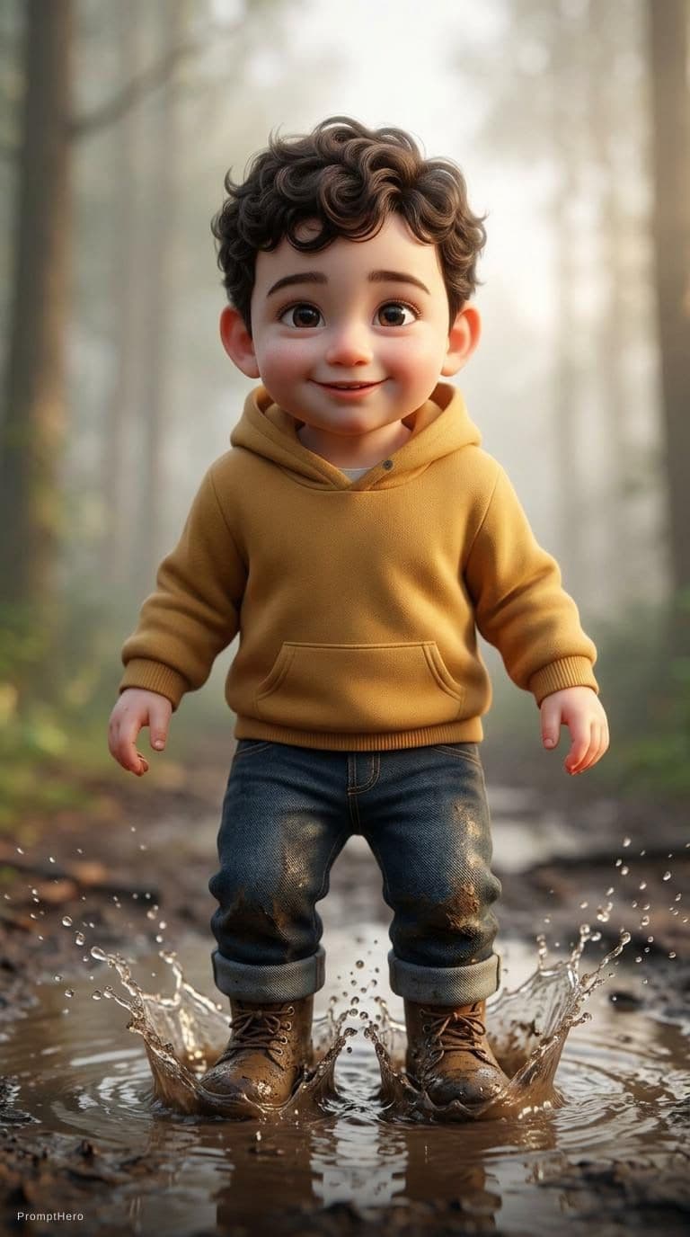 AI generated: Cute stylized 3D little boy standing in a shallow muddy puddle in a misty forest, close-up on boots ...