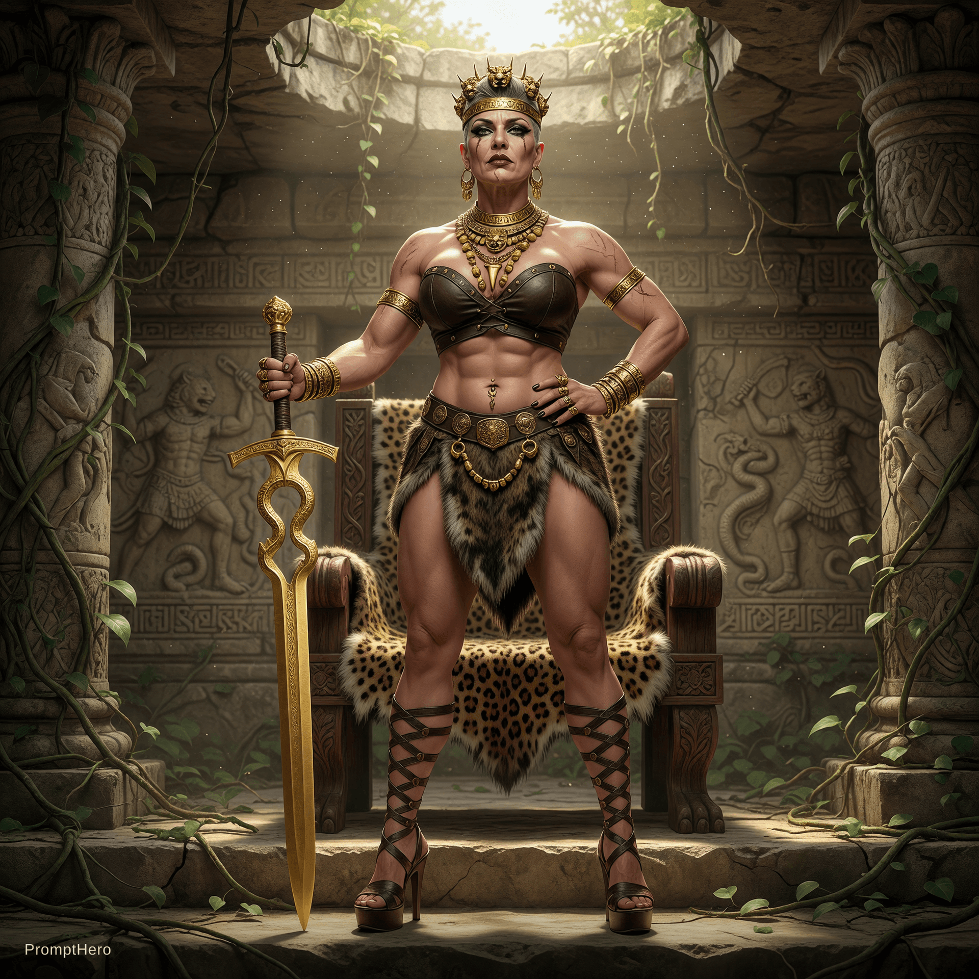 AI generated: A middle-aged Amazon warrior. She is very tall, with a highly defined muscular physique, an extremel...