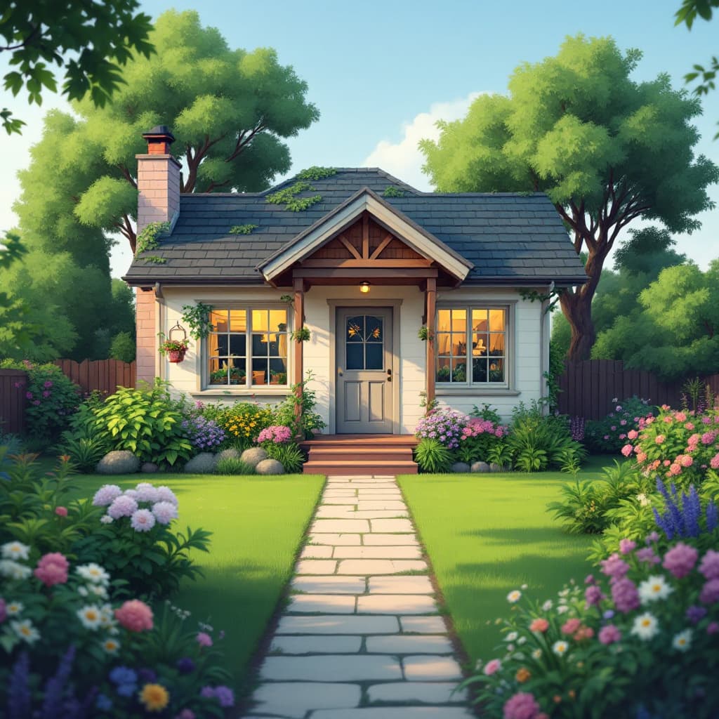 AI generated: Create an image of small house with the garden. House is clean and nicelooking, has one floor. Image...