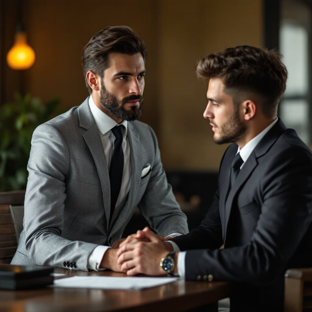 AI generated: a boss wear suite and luxury look and an boy employee who looks bright and get a lot of degrees. The...