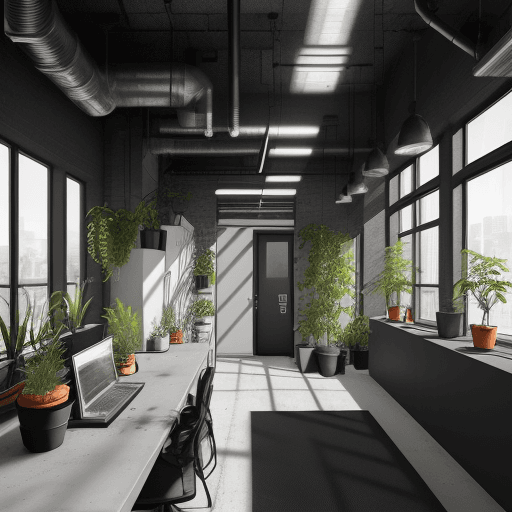 AI generated: industrial interior style – architect design office，in concrete, brick and black steel.  large windo...