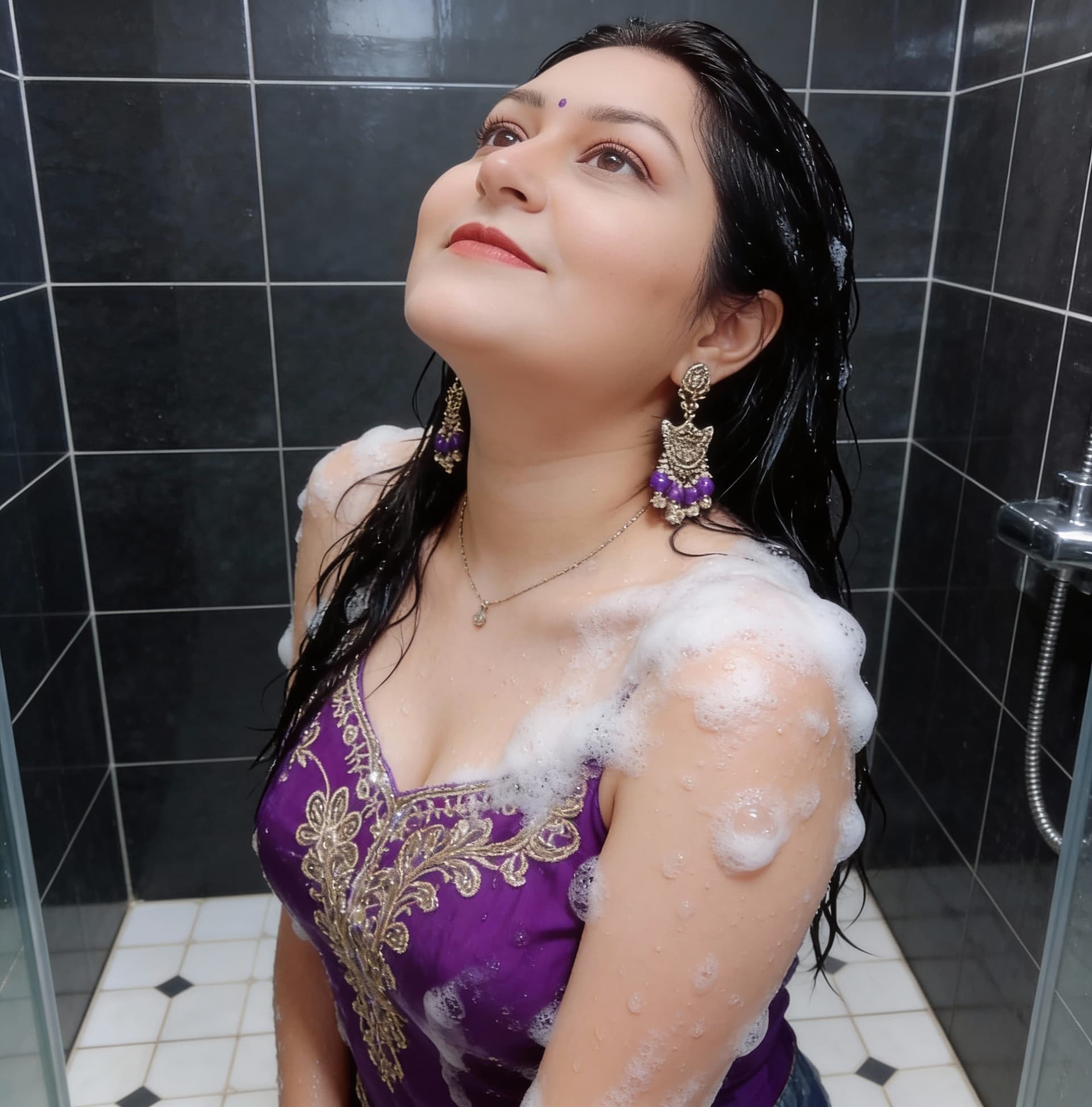 AI generated: The image shows an adult woman in a tiled shower area. She is wet and covered with soap suds across ...