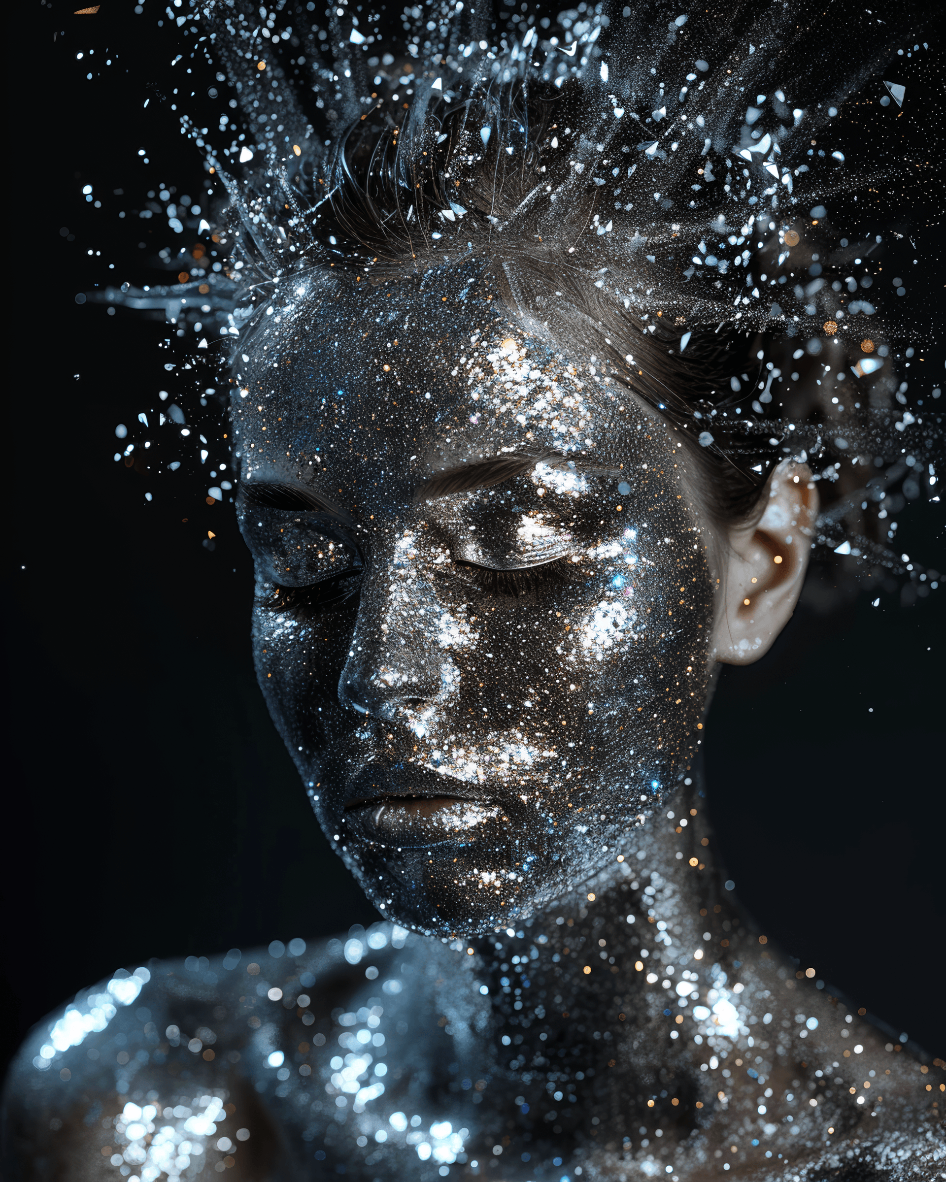 AI generated: A portrait of a woman made entirely of silver metal, covered in tiny particles and crystals against ...
