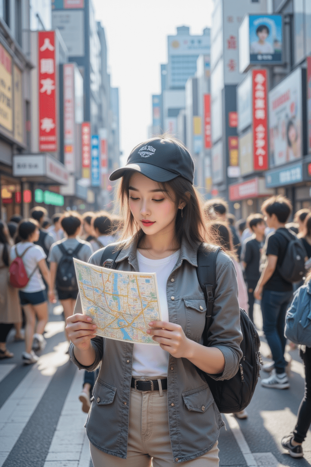 AI generated: A realistic, vibrant street style photograph of a young, stylish Japanese woman on an adventure in S...
