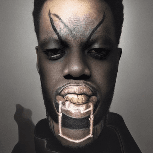 AI generated: A Black man with a metallic gold hand holding a tattoo needle and placing dots on the top of his hea...