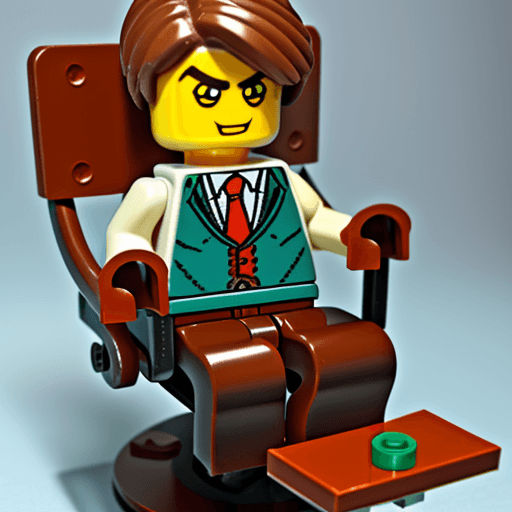 AI generated: a  teacher's owl sit on classroomchair all parts will be created by lego full body