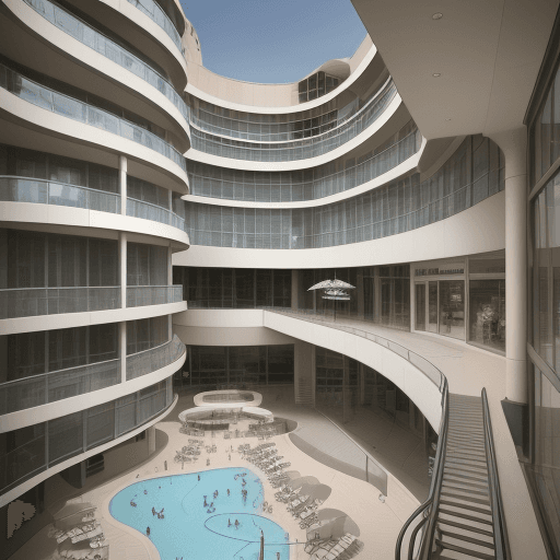 AI generated: this is a hotel that has a lot of windows, in the style of industrial and technological subjects, da...