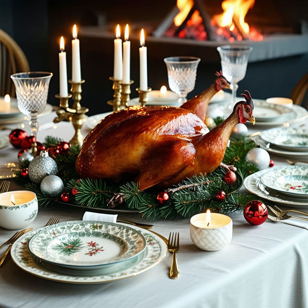 AI generated: Mesa de cena navideña con pavo asado y decoraciones, estilo foto realista.