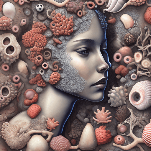 AI generated: the anatomy of a girl's head made of crabs corals and shells, octopath traveler, vanitas, angular, a...