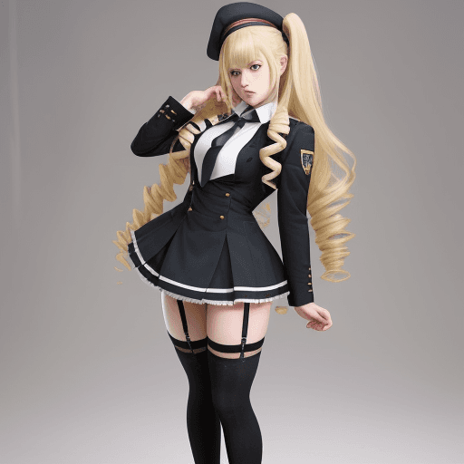 AI generated: Claire Harvey, drill hair, thighhighs, twin drills, garter straps, boots, long hair, blonde hair, sc...