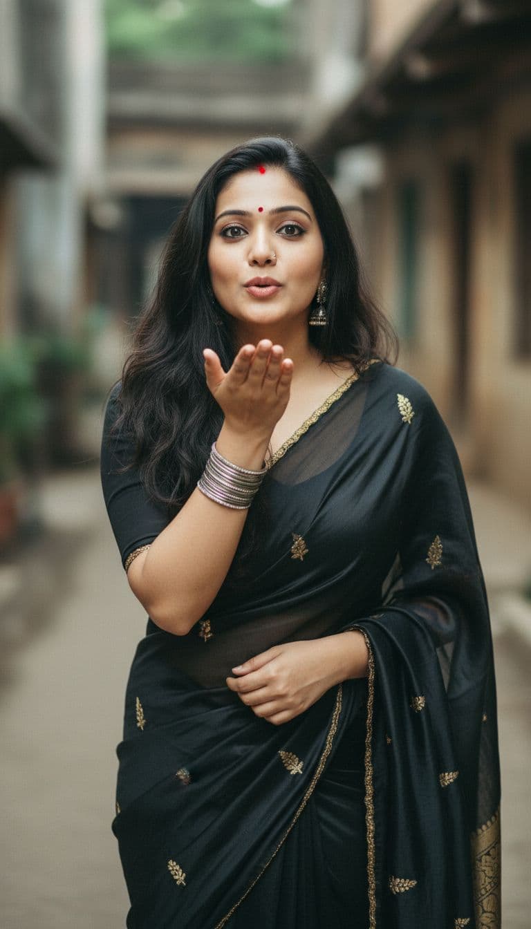 AI generated: 28-30 years old, Indian hair style, wearing a black saree, inhaled chest, wide open eyes, A plus cur...