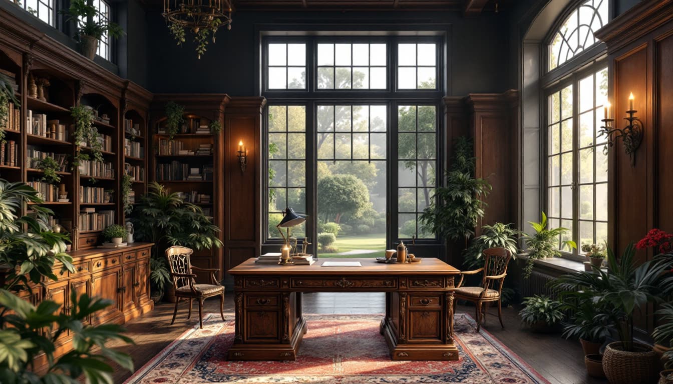 AI generated: High resolution interior design photography, library, with antique looking wooden desk table, large ...