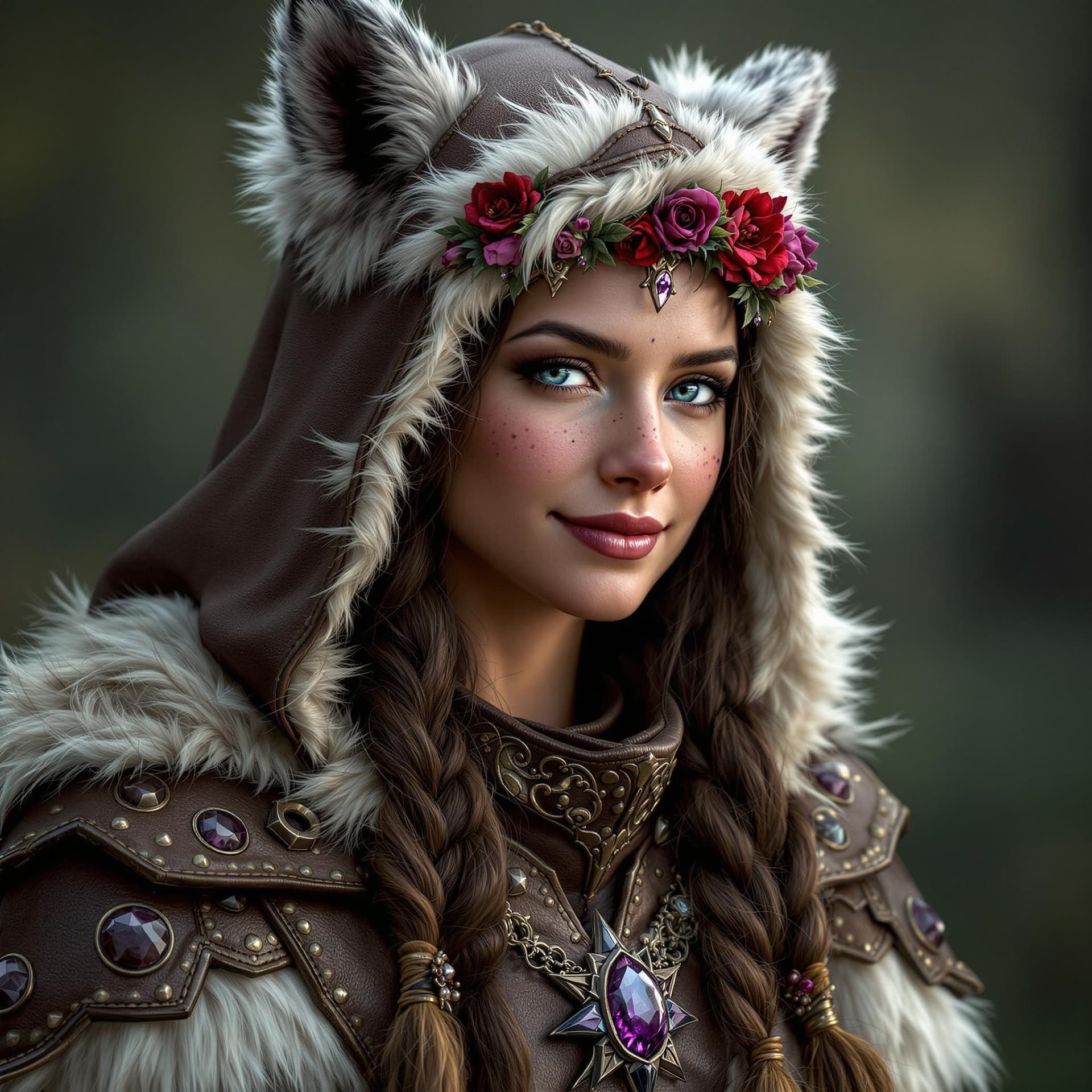 AI generated: ultra realistic druid gnome, wolf head hooded leather brown studded armor with fluffy white fur!!! l...