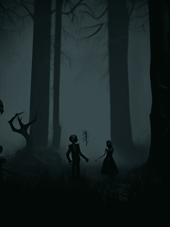 AI generated: Hansel and Gretel, guy and lady in a dark forest, skull and bones, macabre, horror, haunting, hyperr...