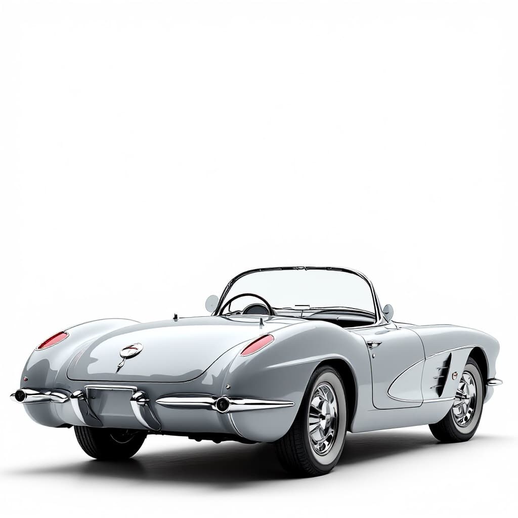 AI generated: Hyper realistic side rear view of gray 1959 chevy corvette with plain white background, no chrome bu...