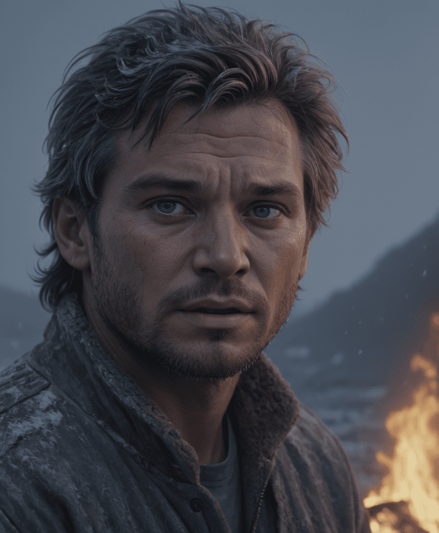 AI generated: hyperrealistic art { a man who is lost in the Arctic after surviving a plane crash, building a fire ...