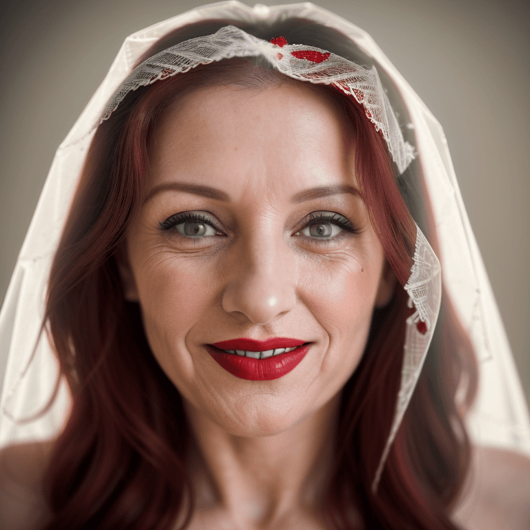 AI generated: hyper realistic headshot photo of a 45 year old woman, wearing a Wedding dress with lace veil, red l...