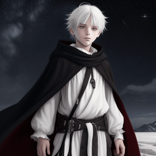 AI generated: High resolution photo 1920x1080, a boy in a traveler's cloak, red eyes, white hair, white clothes wi...