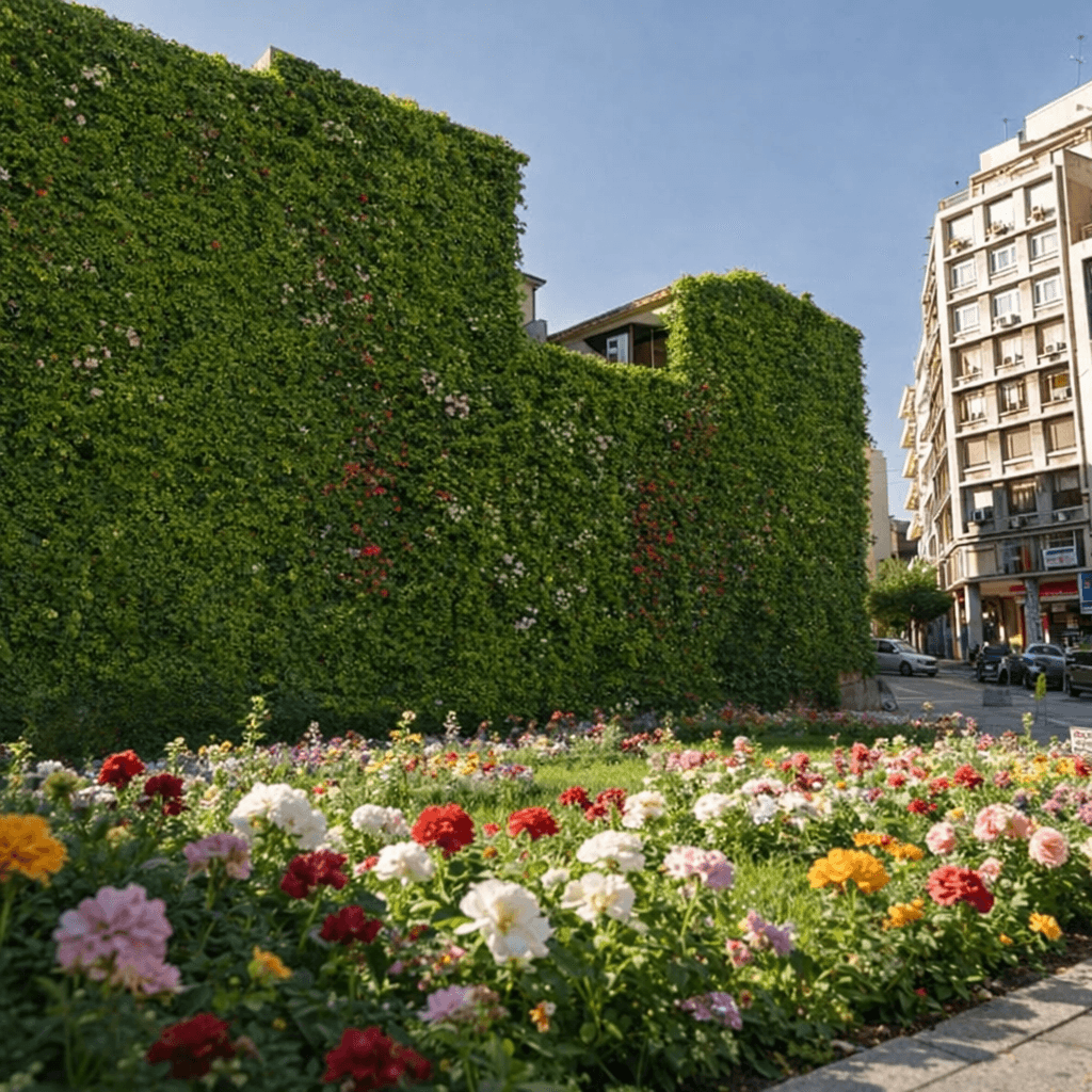 AI generated: Expand the vertical green wall to the left building as well.