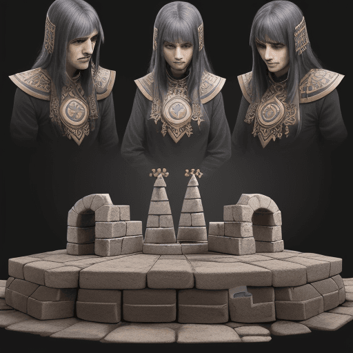 AI generated: estilo de ilustracion de tony.babel, cosplay de piezas de ajedrez, runas, escrituras griegas antigua...