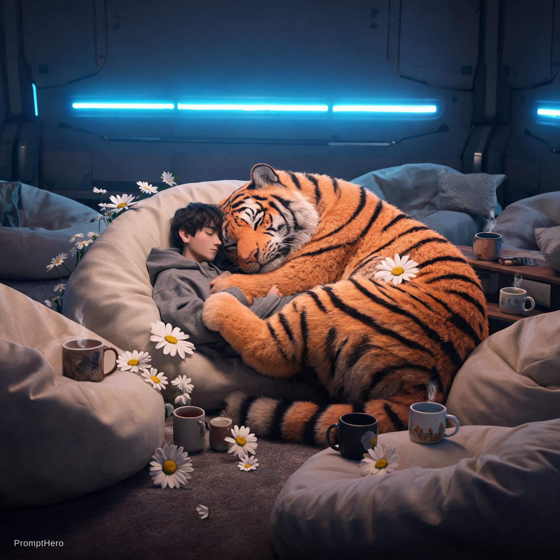 AI generated: sci-fi . Stripe of light . Fantasy. Guy cuddled up with a giant sized cat/tiger on some bean bags . ...
