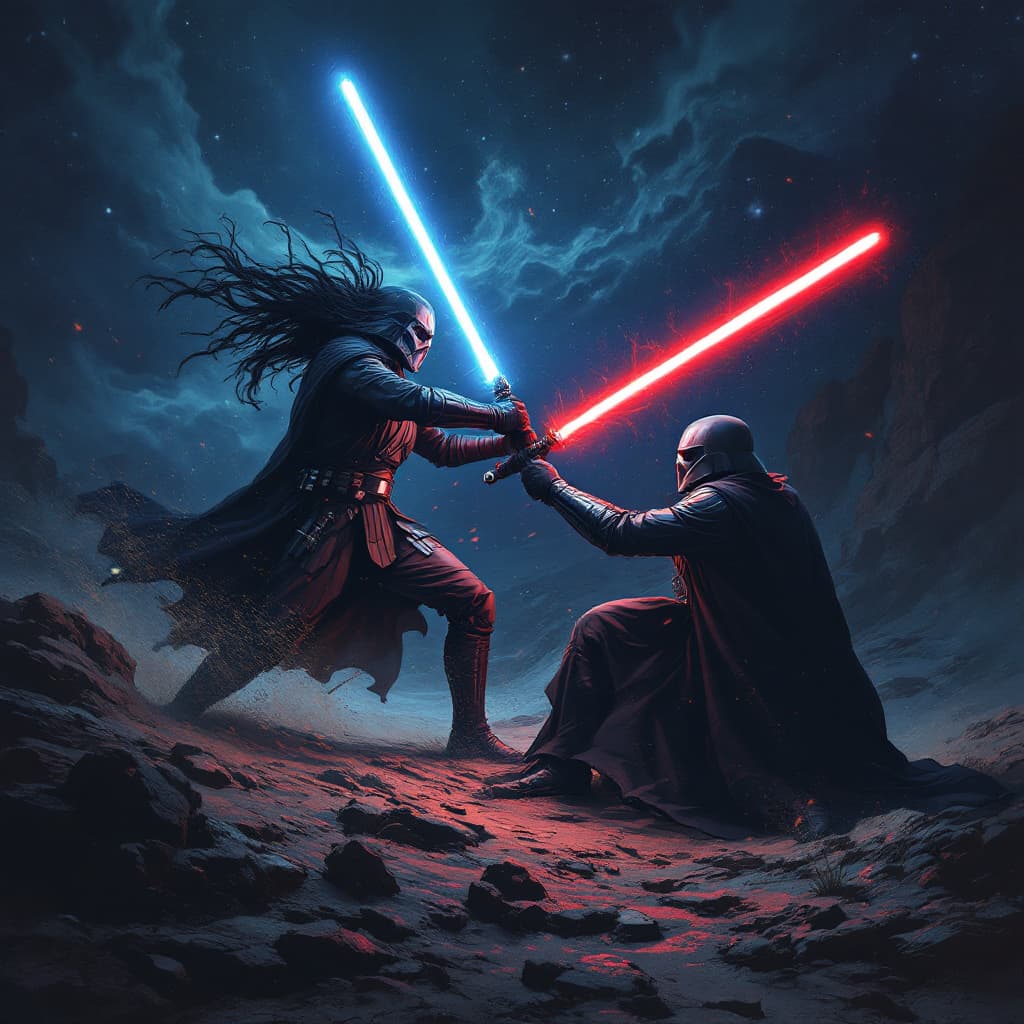 AI generated: Lightsabers clash in the dead of night