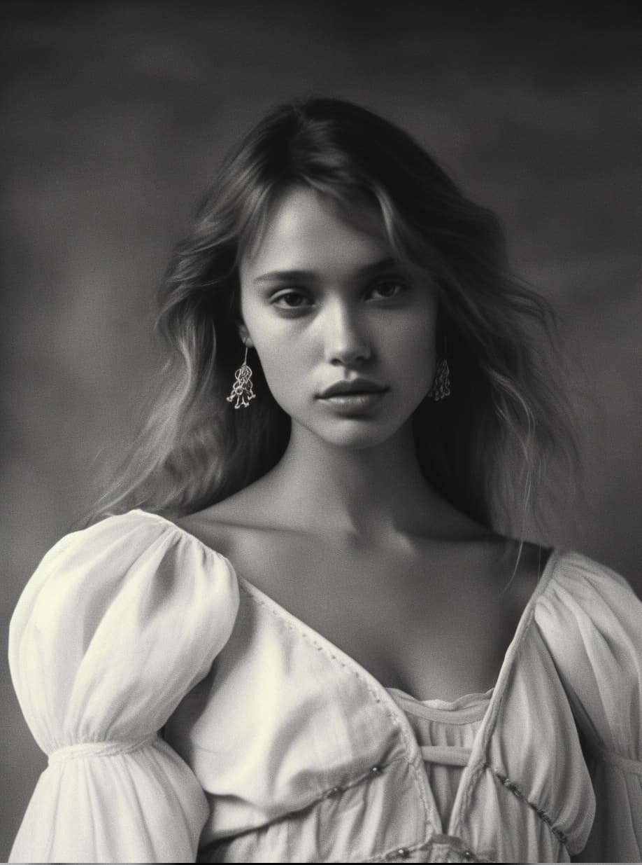 AI generated: a black and white photo of a woman in a dress, tumblr, renaissance, vogue france, wearing a white fo...