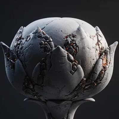 AI generated video: A slow 3D animation of a flower-like object with a concrete-metal texture, morphing destructively fr...