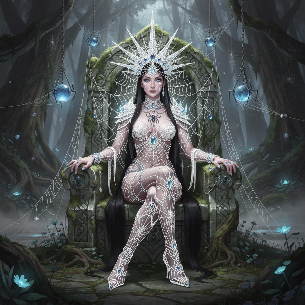 AI generated: A mystical, ethereal goddess seated on a mossy stone throne in a dark, enchanted forest, draped in i...
