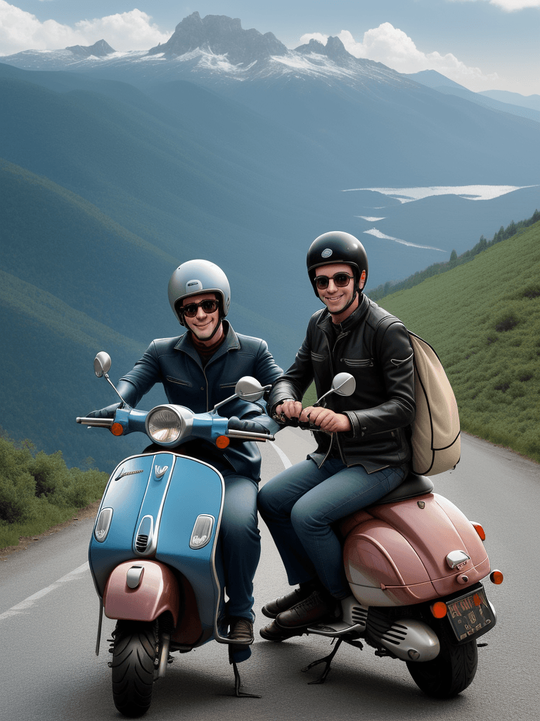 AI generated: 2 men, each on a vespa motorcycle, on a mountain road looking straight at the camera.