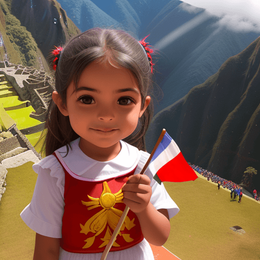 AI generated: ultra realista foto de hermosa niña cuzqueña en Machupicchu y flameando la bandera de Perú. La niña ...