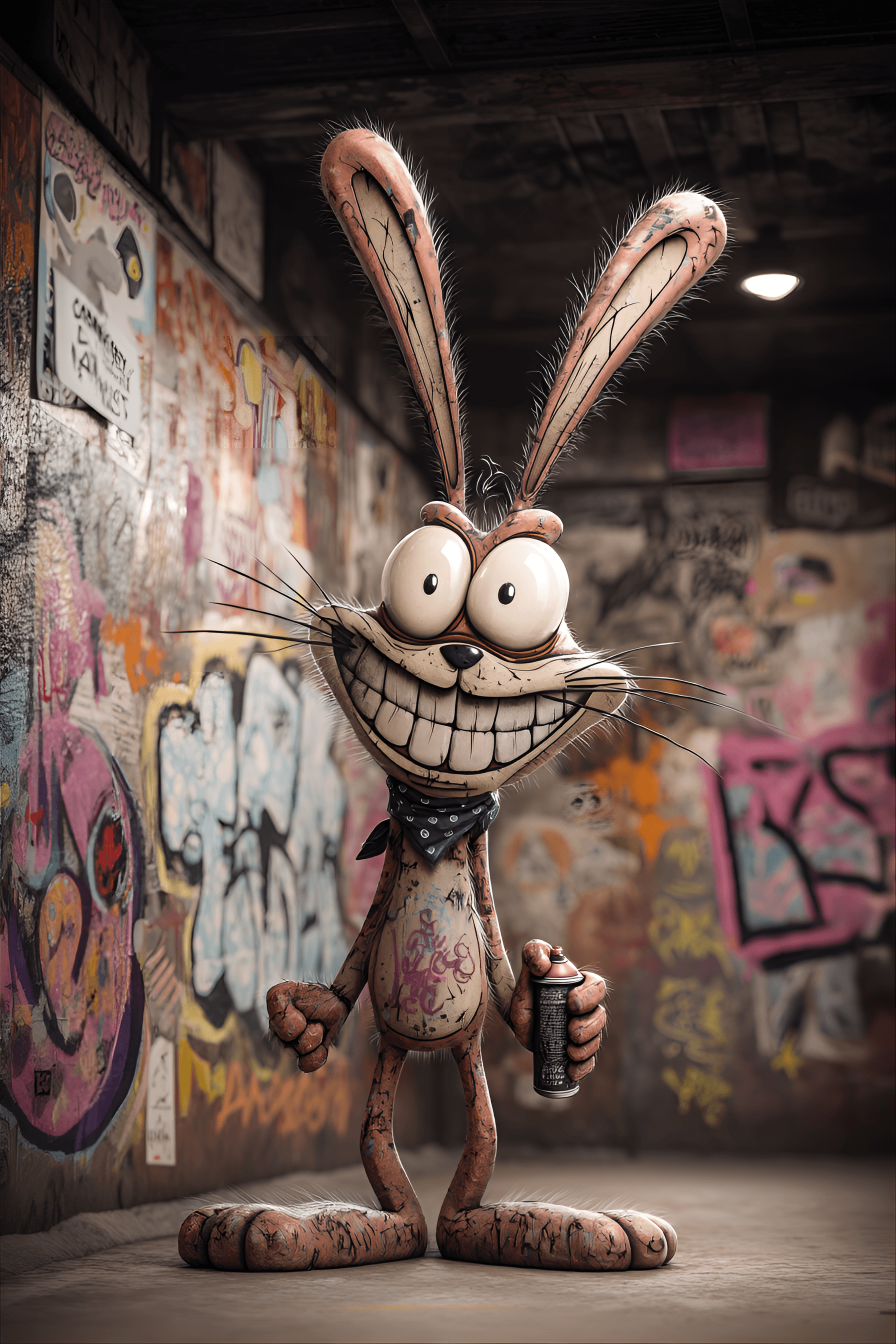 AI generated: funny caricature, graffiti rabbit, 15 years old, urban, edgy, mischievous, elongated ears and exagge...