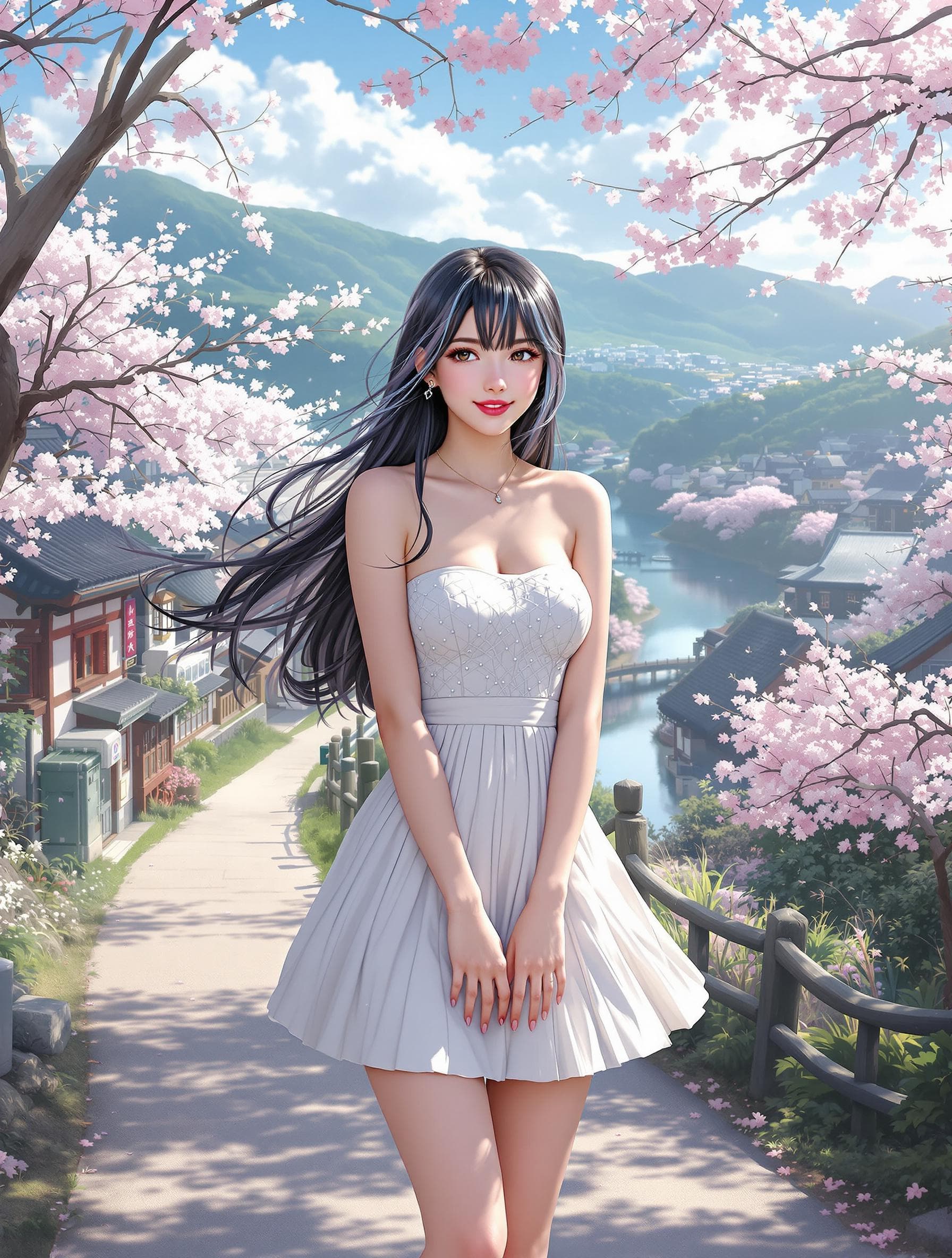 AI generated: anime, girl, ulzzang face, long hair, black hair, multi color hair, bangs, twirling hair, full body ...