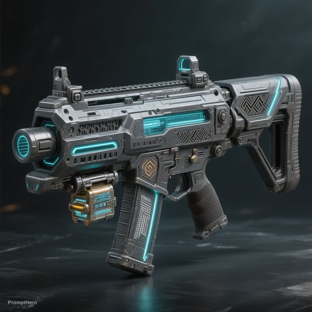 AI generated: Create a fictional weapon for Our’World. Render Axiom Lancer rifle: long, broad chassis with floatin...