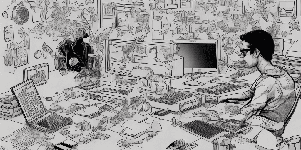 AI generated: A monochromatic vector illustration of one software developer working on a laptop while sitting at a...