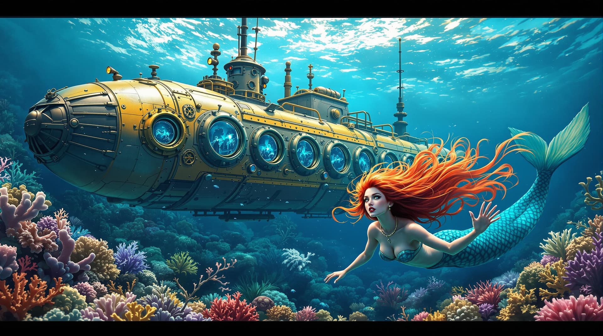 AI generated: Envision a photorealistic portrayal of a 1920s steampunk submarine, echoing Jules Verne's imaginatio...