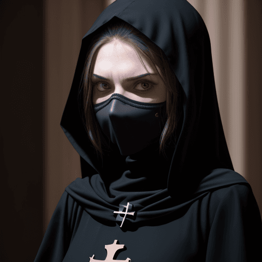 AI generated: woman wearing a dark tunic with a cross drawn on the hood covering her face, but with a serious expr...