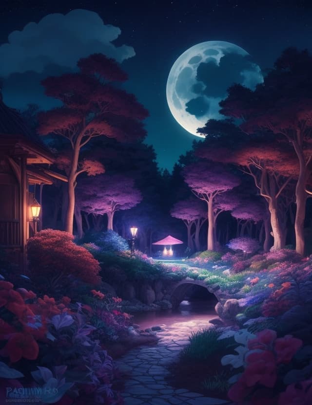 AI generated: a Land of fantacy game  ,(Bosque de noche con la luna), beautifully wavelengths designed by studio g...