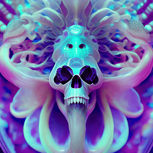 AI generated: Goddess close-up portrait ribcagel. jellyfish phoenix head, nautilus, orchid, skull, betta fish, bio...