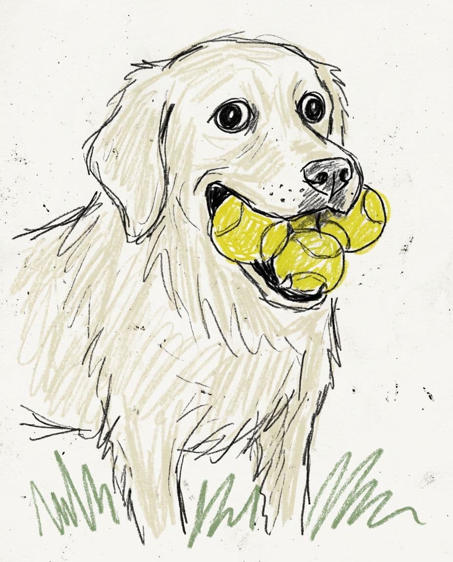 AI generated: white long-haired labrador holding four tennis balls in its mouth, playful exaggerated expression, f...
