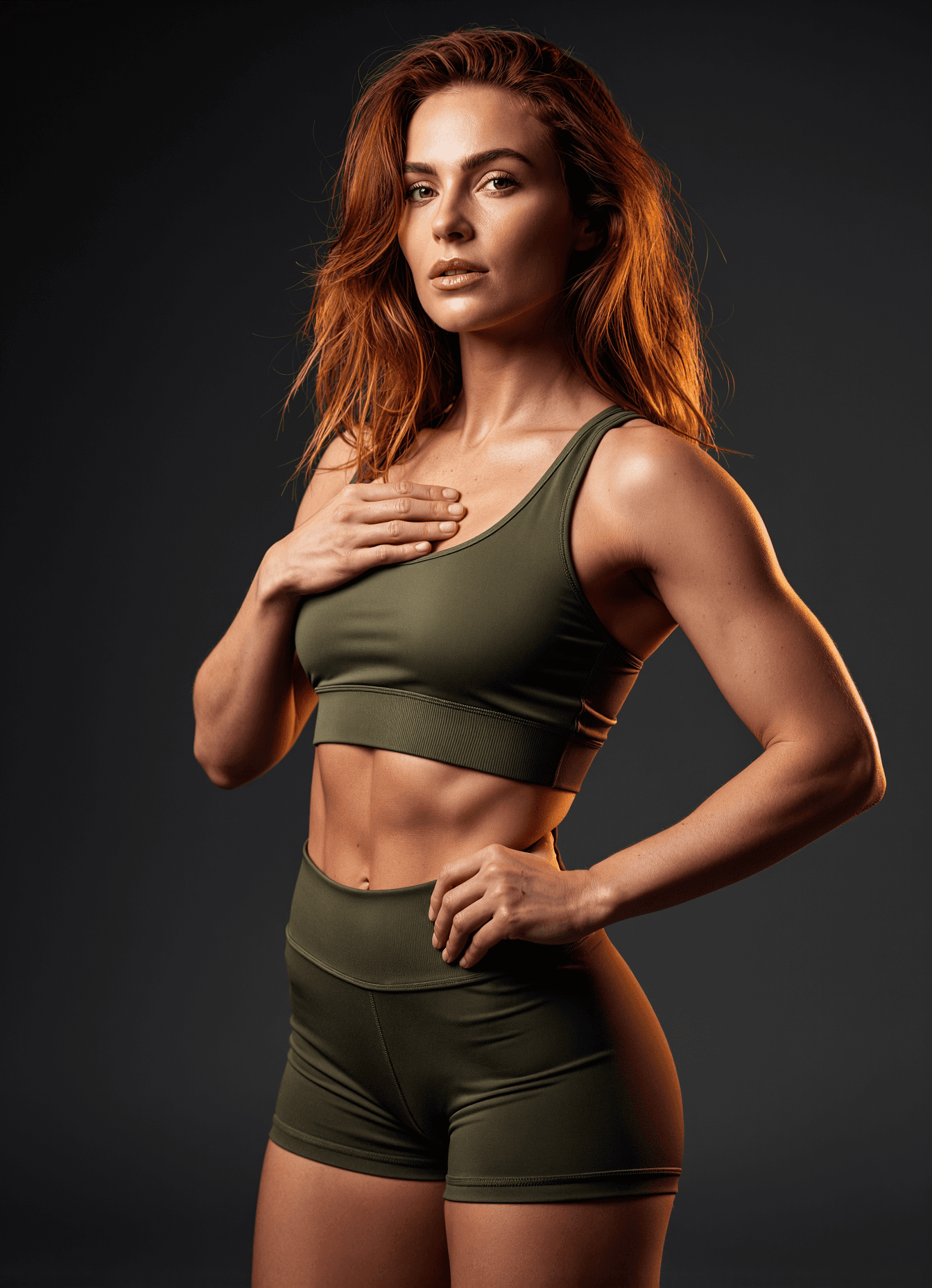 AI generated: A fit adult woman with toned muscles and radiant skin, wearing an olive green crop top that compleme...