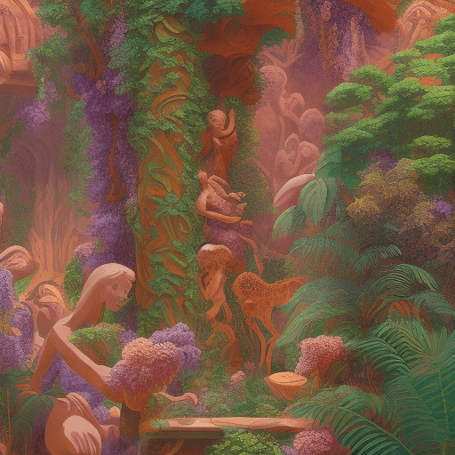 AI generated: an illustration showing a Jungle, in the style of lilac and red orange, reimagined classical forms, ...